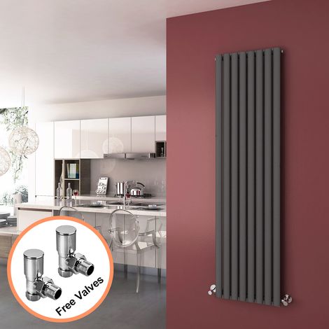 ELEGANT 1800x480mm Anthracite Vertical Oval Column Radiator Single Panel Designer Radiators + Angled Radiator Valves (1/5)
