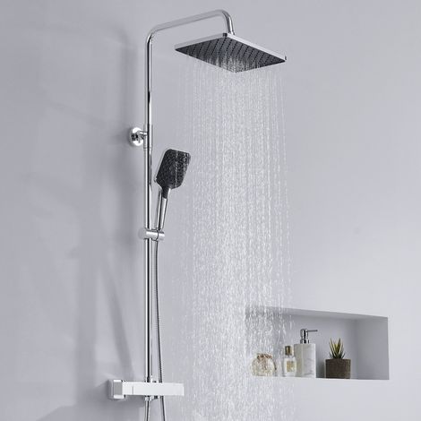 AURALUM MAX Système de douche avec thermostat 38 °C, robinetterie de douche, douche à effet pluie, ensemble de douche, douchette à main avec 3 modes, barre de douche réglable en hauteur, chrome (1/5)