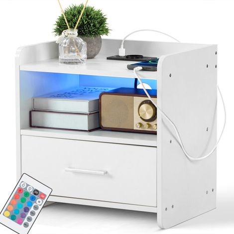 Table de nuit 39x29x41cm avec prise USB et LED, blanc, un tiroir (1/5)