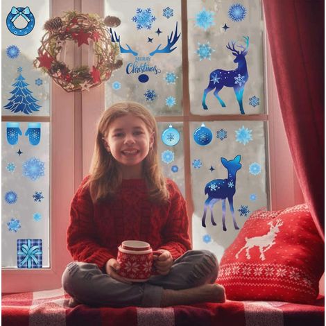 Décoration de Noël pour vitres : flocons de neige bleus en relief et orignaux - Autocollants statiques pour vitres (1/5)