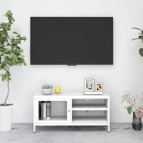 vidaXL Meuble TV Blanc 90x30x44 cm Acier et verre (1/5)