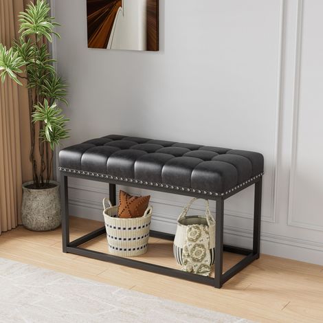 36" Banquette Vintage Capitonnée en Similicuir, Structure Métallique Industrielle Noire pour Entrée, Chambre, Salon ou Bout de Lit