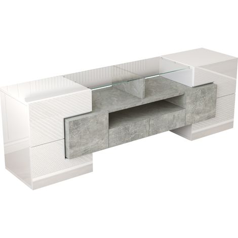 TV-Lowboard 145 cm Hochglanz Weiß mit Betoneffekt, LED und Glasoberfläche (1/5)
