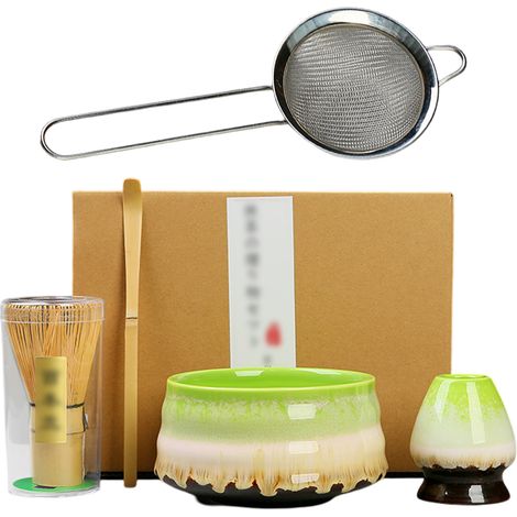 5 pièces accessoire de matcha, bol céramique 500 ml avec bec verseur, fouet bambou, support, cuillère bambou et tamis inox (1/5)