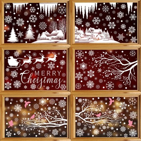 Autocollants pour fenêtre flocons de neige blancs et branches d'arbre, autocollants scène de forêt enneigée avec colibris, décorations de Noël hivernales, décorations de fenêtre statiques, anti-collis