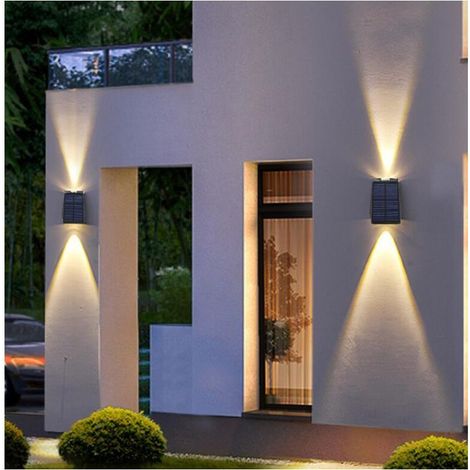 Applique murale solaire d'extérieur haut et bas, éclairage solaire de chemin, luminaire extérieur pour garage, porte d'entrée, couloir, porche, bureau, enceinte de piscine, jardin (noir lumière chaude (1/4)