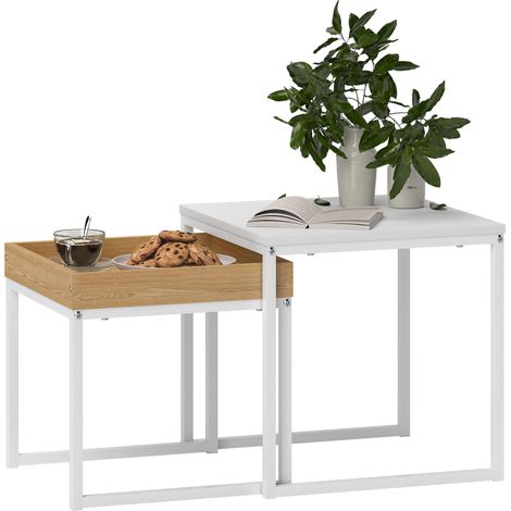 Moderner Couchtisch, 2er-Set Sofatisch, für kleine Räume, Quadratisch, MDF, Metall, Weiß
