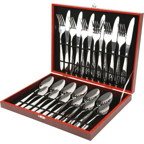 – Ensemble de 24 couverts en acier inoxydable – Coffret en bois rouge – 6 couteaux, 6 fourchettes, 6 cuillères à soupe, 6 cuillères à café – Antirouille et passe au lave-vaisselle (1/5)