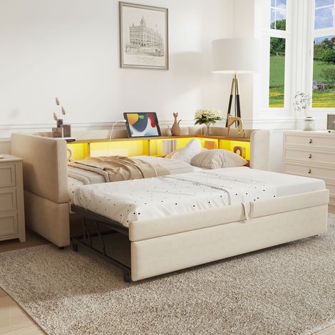Cama sofá multifunción 90/180x190 cm, flanela beige, con LED, enchufes y compartimentos de almacenaje (1/5)