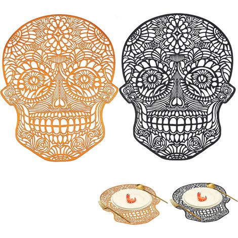 Manteles individuales de Halloween con diseño de calavera, manteles individuales de PVC de 31x38 cm, naranja y negro, lavables, resistentes al calor, antideslizantes, con diseño hueco para decoración  (1/4)