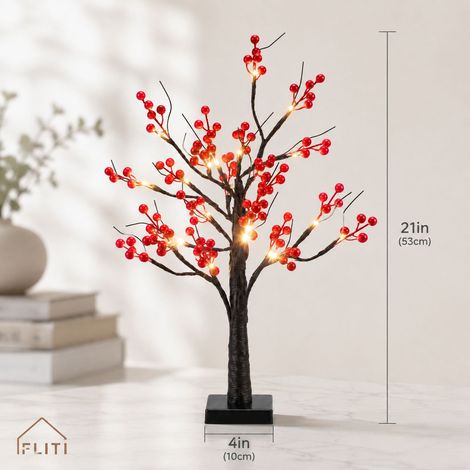 Künstlicher Dekobaum von FLITI mit roten Beeren, 24 warmweißen LEDs, 53 cm, schwarzer Sockel für den Innenbereich (1/5)