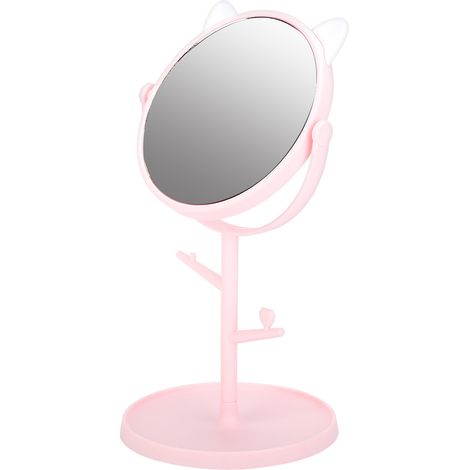 Miroir de maquillage de bureau tendance et mignon, miroir cosmétique rotatif pour la maison avec plateau et oreilles de chat roses