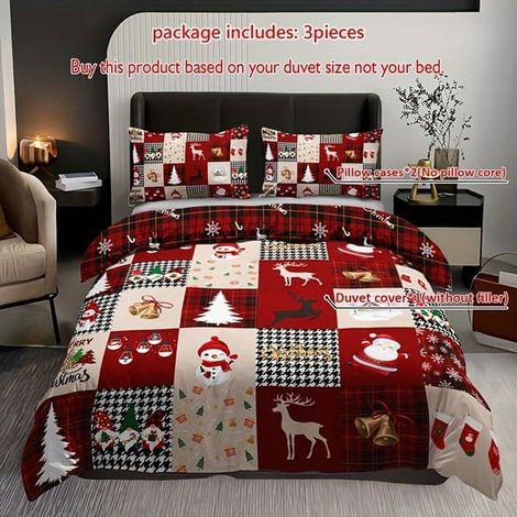 Parure de lit 3 pièces unie et à carreaux pour Noël - Comprend 1 housse de couette et 2 taies d'oreiller, en polyester respirant, lavable en machine (1/5)