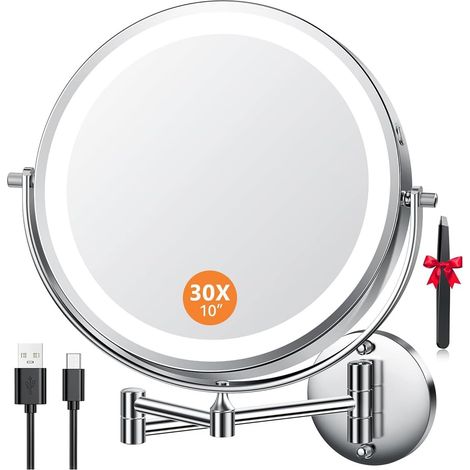 10" Miroir Grossissant Mural Rechargeable 5000 mAh, Miroir Grossissant x30 avec 3 Couleurs et Rotatif 360° pour Soins du Visage et Rasage pour Toute la Famille, Salles de Bain et Hôtels (1/5)
