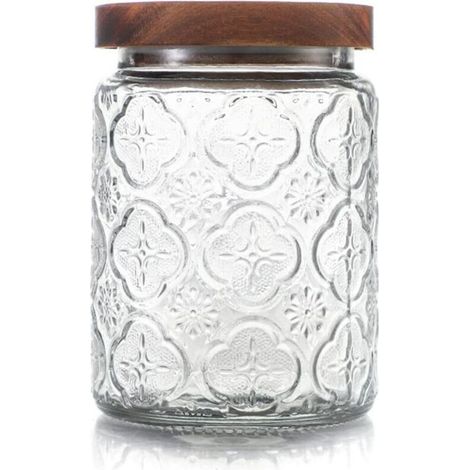 bocaux en verre, Bocaux rangement cuisine, 700ml Bocal en verre avec couvercle en bambou, bocaux en verre hermétiques pour café, riz et sucre, Bocal en verre décoratif (fleurs de bégonia) (1/4)