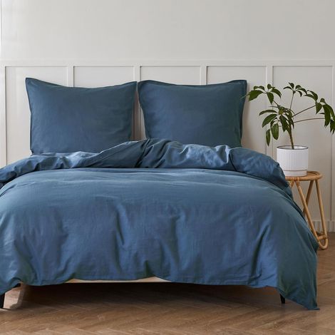 Parure de lit 220x240 cm Adulte, Fabriqué en Coton Doux et Lin Durable, Housse de Couette 1 Personne avec 2 Taies d'oreiller 80x80 cm (Bleu Marine) (1/5)