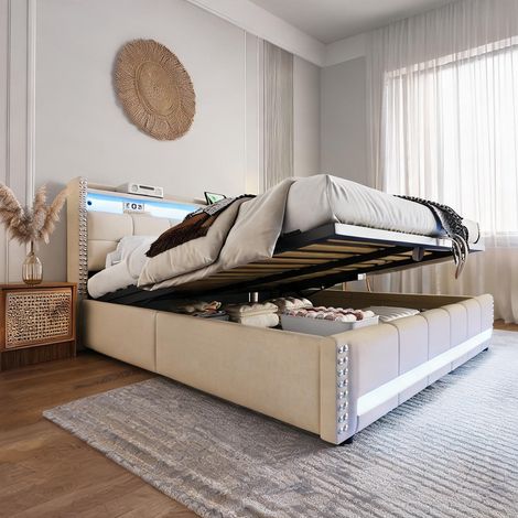 Cadre de lit beige en upholstered 191 x 224 x 115 cm (1/5)