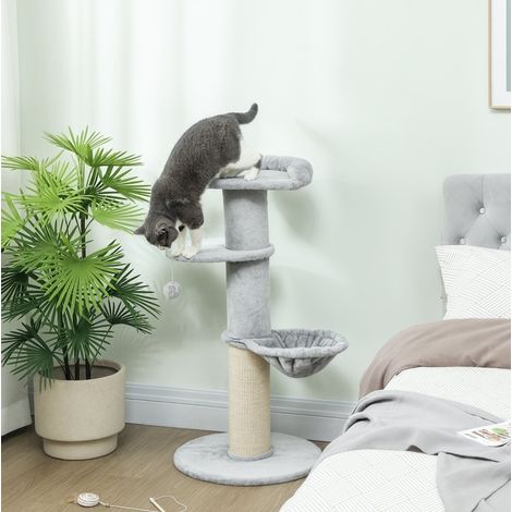 Árbol para gatos de sisal y poliéster gris claro, multinivel con hamaca y caseta, para rascar, descansar y trepar, 48 x 48 x 103,5 cm (1/5)