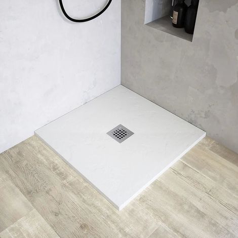Piatto Doccia Quadrato 90x90 cm in Marmoresina Bianco Effetto Pietra Antiscivolo h3 cm Griglia Copripiletta Inclusa Mod. Milos