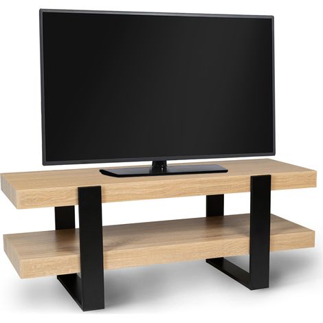 Idmarket – Meuble TV 114 cm double plateau – Bois mélaminé noir et hêtre – Dimensions 114x43x45 cm – Pour écran jusqu'à 40 pouces