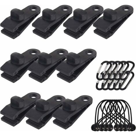 Pair 10 pinces pour bâche, support de bâche d'extérieur avec sangles, corde de tension et mousqueton en forme de D pour bâches, auvents, camping, caravanes, housses de voiture (1/5)