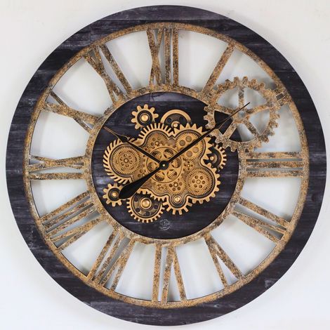 THE GEARS CLOCK Wanduhr mit echten beweglichen Zahnraedern - America Collection - 36" Rund - Vintage - Black (1/4)
