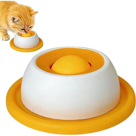 Ciotola per Gatti Gialla con Palla Rotante Integrata, Slow Feeder Antiscivolo per Gatti, Giocattolo per Leccare con Tappetino Antiscivolo per Alimentazione Lenta e Divertimento (1/5)