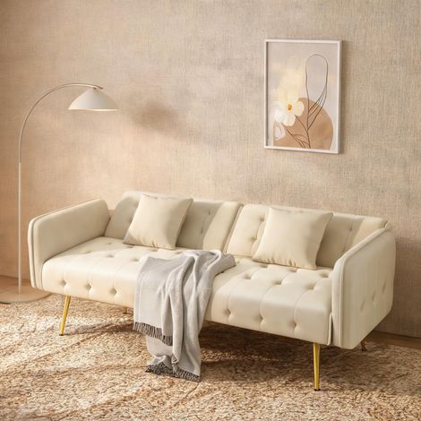 Canapé-lit 2 places convertible en velours beige 178 cm en foam (1/5)