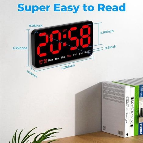 Horloge Numérique - - 9 Pouces - Grand Écran LED - Silencieuse - Rouge (1/4)