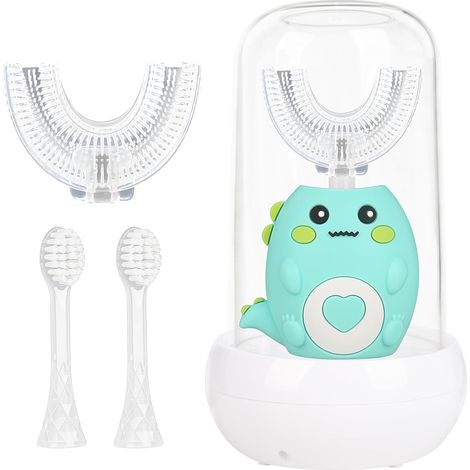 Brosse à dents ultrasonique 360º pour enfants, brosse à dents électrique pour enfants avec 2 têtes de brosse en silicone en forme de U et 2 têtes de brosse souples, brosse à dents électrique pour enfa (1/5)