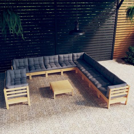 12-tlg. Garten-Lounge-Set mit Grauen Kissen Massivholz Kiefer vidaXL (1/5)
