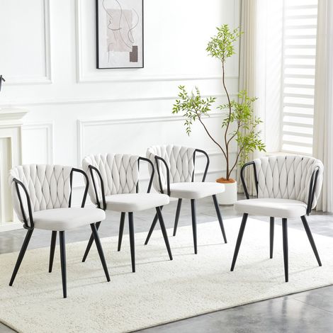 Chaise salle à manger velours beige moderne dossier tressé capitonné pieds métal noir mat ergonomique salon cuisine 43x58x76cm