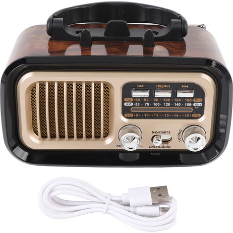 Ortviai Radio rétro AM/FM portable avec Bluetooth, haut-parleur, lecteur USB/TF, panneau solaire et batterie rechargeable – Noir