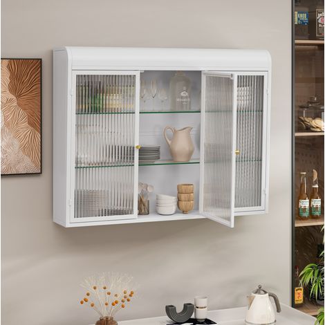 Armadio a muro 3 ante vetrate, parte superiore bombata, telaio in metallo, per cucina, soggiorno, bagno, bianco (1/5)