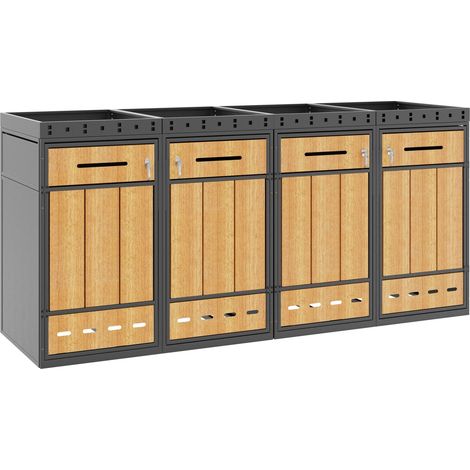 Mülltonnenbox aus Stahl mit Pflanzkasten, 4 Module, Holzoptik grau MODENUIT (1/5)