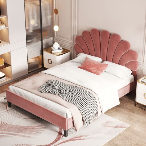 Cama tapizada 140/200 cm rojo judía de terciopelo con cabecero floral y somier de láminas (1/5)