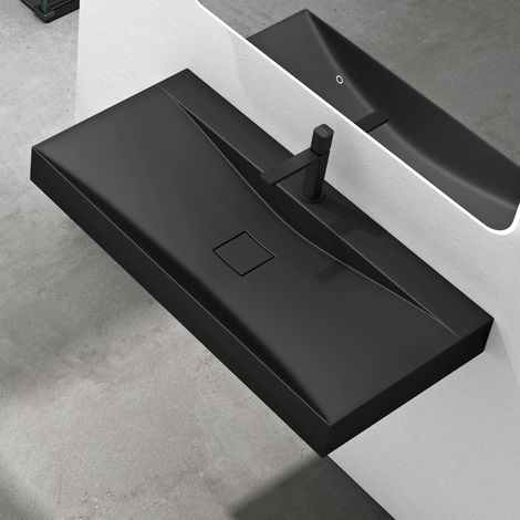 Mai & Mai Waschbecken Hänge Waschtisch Aufsatz Waschschale Mineralguss Schwarz Matt Rechteckig Breite: 60 cm 1 Armaturenloch Col810