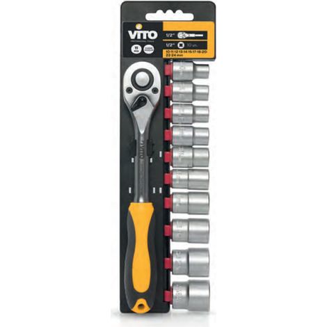 Douilles X10 Chrome vanadium Clé à cliquet 1/2'' réversible + 10 douilles 1/2''10 à 24 mm ITOOLS