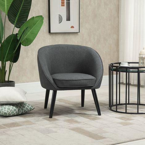 Poltrona da soggiorno, sedia da cocktail, poltrona imbottita, reclinabile con effetto lino, gambe in legno, poltrona da lettura, poltrona imbottita per camera da letto, grigia (1/5)