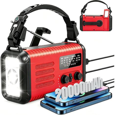 20000 mAh Emergency Radio, AM/FM/NOAA Solar Hand Crank Radio, with Mobile Phone Charger, SOS Alarm, Flashlight and Reading Light for Emergencies, Hurricanes, Camping (Red)