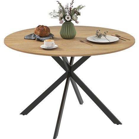 Table à manger ronde pour 4 personnes 120 cm style industriel avec plateau aspect bois, piètement croisé en acier, chêne (1/5)
