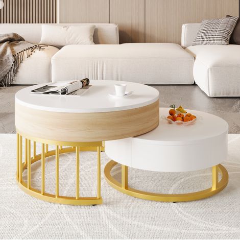 Mesa de centro redonda MDF blanco y dorado, juego de 2 mesas nido con tablero elevable, 70 cm (1/5)