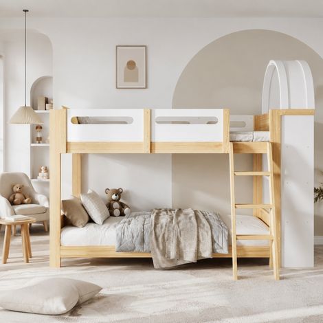 Letto a castello per bambini 90x200 cm con scaffale a 3 ripiani, bianco e naturale HAVRYA (1/5)