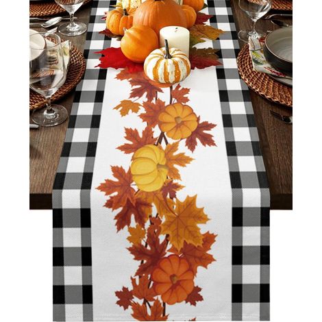 Nappe de table Thanksgiving, écharpe de commode, motif citrouille, feuille d'érable, noir et blanc, motif buffle - 33 x 178 cm