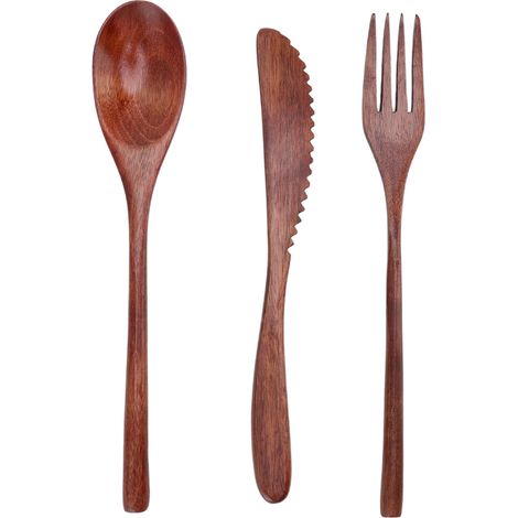 Lot de 3 cuillère, fourchette et couteau en bois, ustensiles de dîner en bois, set de couverts de cuisine en bois (1/5)