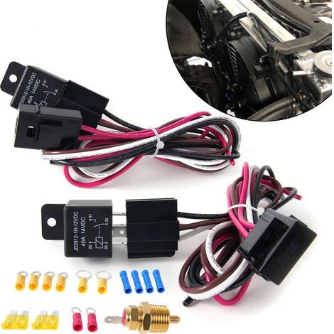 Wiring kit for two electric cooling fans, 185°C on/175°C off thermostat, wiring harness for 40A automotive relay (1/4)