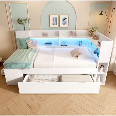 Bett 90x200 cm Weiß aus Holzwerkstoff, mit LED, USB/Typ-C, Stauraum und Matratze (1/5)