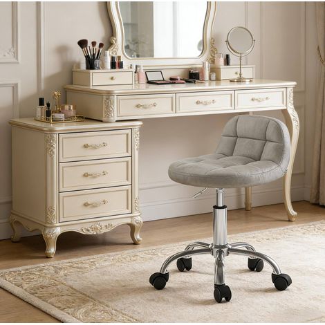 Sedia da ufficio girevole in velluto grigio chiaro, altezza regolabile, con ruote, base in metallo (1/5)