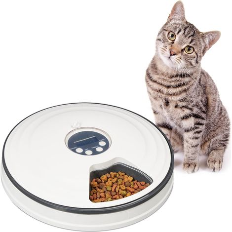 Distributeur Automatique pour Chat, Jusqu’à 6 portions, HxD : 5,5x30,5 cm, gamelle programmable, Blanc - Gris