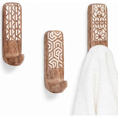 Porte-manteau et porte-clés mural géométrique en bois - 3 crochets, charge maximale 5 kg - Bois naturel - Sans clous ni colle (1/5)